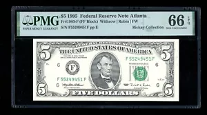 DBR 1995 $5 Atlanta Gem Fr. 1985-F PMG 66 EPQ Serial F55249451F - Picture 1 of 2