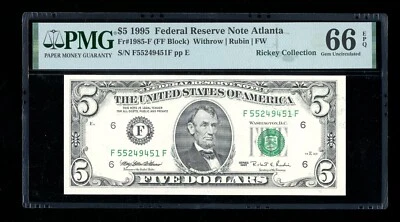 DBR 1995 $5 Atlanta Gem Fr. 1985-F PMG 66 EPQ Serial F55249451F - Image 1 of 2