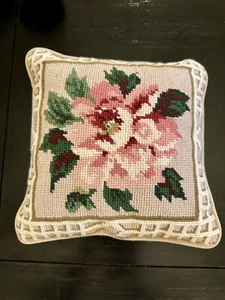 Vintage Camellia Trelliage Pillow Flowers Wool Embroidery Velvet  9.5 X 10 - Picture 1 of 5