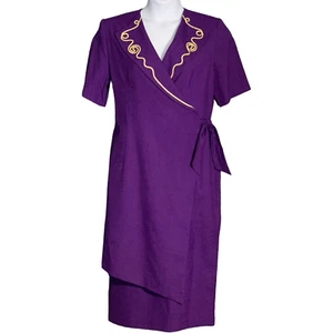 Spiegel Wrap Dress Midi Short Sleeve Purple Gold Glam Retro Vintage Sz 12 NEW - Picture 1 of 10
