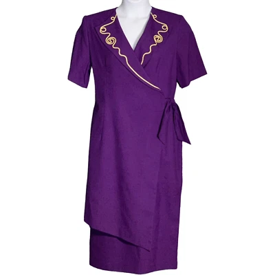 Vestido envolvente Spiegel midi manga corta púrpura dorado glamour retro vintage talla 12 NUEVO Foto 1 de 4