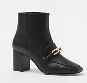 NEW ANN TAYLOR BLACK CHAIN BLOCK HEEL LEATHER BOOTIES BOOTS SZ 7.5 - Picture 1 of 8