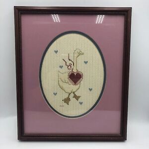 Vintage Needlepoint Framed Wall Art Duck Heart Love Animal Bird Décor