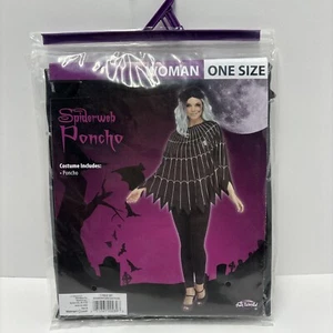 Damen Schwarz & Silber Spinnennetz Poncho Einheitsgröße Fun World Neu Spinne Halloween - Bild 1 von 8
