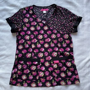 Betsey Johnson SMALL Black Pink Floral Roses V-Neck Scrub Top NWOT - Picture 1 of 9