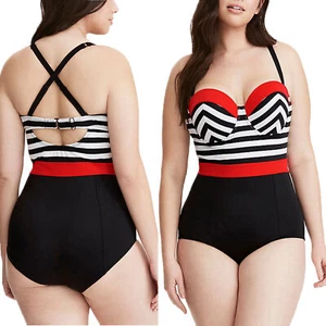 Damen Gestreift Einteiliger Bademode Badeanzug Swimsuit Monokini Große Größe DE - Bild 1 von 10