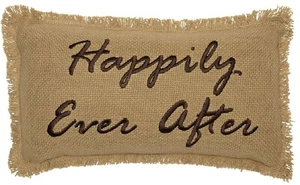 Happily Ever After Brown Embroidered Pillow Fringed Tan Rustic Cotton Burlap - Picture 1 of 6