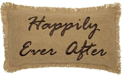 Happily Ever After Brown Embroidered Pillow Fringed Tan Rustic Cotton Burlap - Image 1 of 4