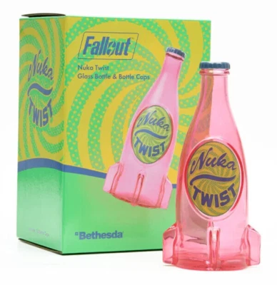 Fallout Nuka Cola Nuka Twist Pink Glass Rocket Bottle + 10 Bottle Caps Figure - Image 1 of 4