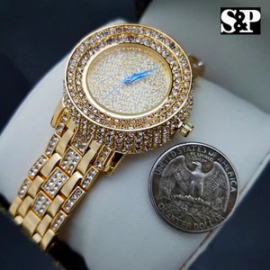 Womens Luxury Bling Gold finished Full Simulated Diamond Bracelet Clubbing Watch - Picture 1 of 4