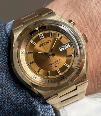 Estuche enchapado en oro con pulsera Seiko Bellmatic vintage alarma automática día/fecha Foto 1 de 4