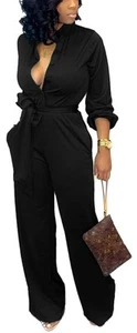 Black Jumpsuits for Women Dressy Sexy Elegant Long Sleeve Long Straight Pants... - Picture 1 of 8
