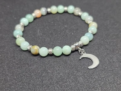 Armband Damen Edelstahl Mond Kugel Silber Amazonite Blau-Grün Handmade Geschenk - Bild 1 von 4