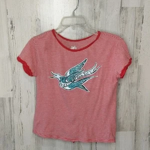 JUSTICE Red White Striped Tweet All Day Laced Glitter Top Girls 14 Teen Tween - Picture 1 of 7