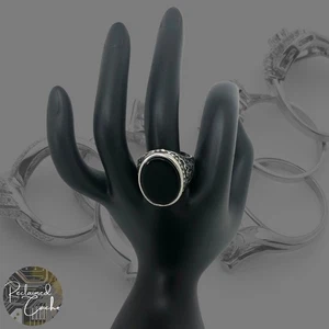 Silberfarben Metall Schwarz Oval Stein Strass Statement Cocktail Ring Größe 10 - Bild 1 von 7