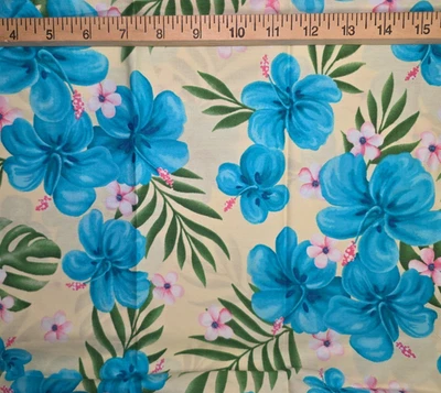 Tropical Blue Flowers on Cream Cotton Craft Sewing Fabric 14 inches NEW - Image 1 of 2