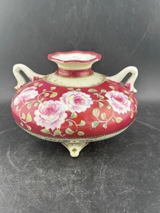 Antique Nippon Style Floral Squat Vase Footed Double Handles Excellent - Picture 1 of 14