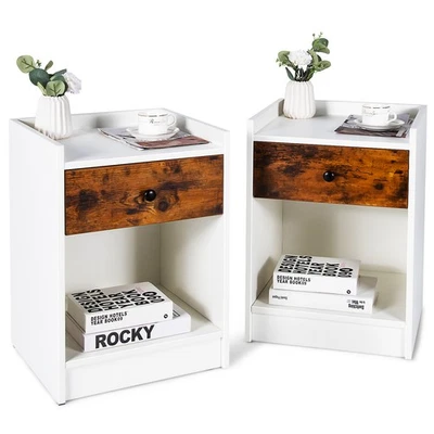 Costway Set of 2 Nightstand with Drawer Cabinet End Side Table Raised Top White - Image 1 of 4