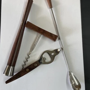 4 Pc vtg MCM Rosewood Stainless Steel Bottle Can Opener Bar Utensil Japan - Picture 1 of 8