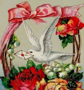 Best Wishes Post Card Germany 34 Embossed Gold Red Roses Lily of Valley Dove 