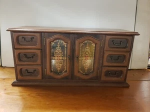 Vintage Wooden Jewelry Box Armoire Style Dresser Top, 7 Drawers, 2 Glass Doors + - Picture 1 of 9