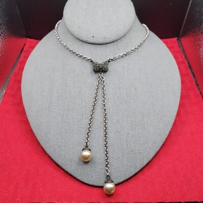 Collar De Colección Judith Jack Plata Esterlina Marcasita Arco y Perla Borla Rolo Cadena Foto 1 de 4