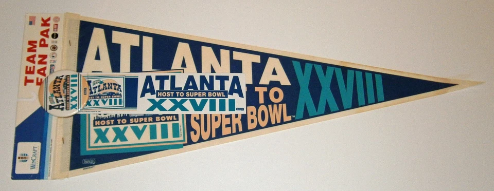 1994 Super Bowl XXVIII pennant Fan Pack Cowboys Bills rare w/ Button & Sticker - Image 1 of 3