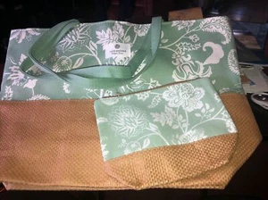 Bolsa grande de lona con diseño floral verde y bambú bolsa de maquillaje 2 piezas Set - Imagen 1 de 4