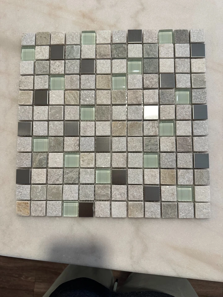 1"x1" Stone, Metallic, and Glass Mix Mosaic Stacked Meshed Mounted - Image 1 of 4