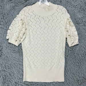 White House Black Market Mock Neck Sweater Women's L Ivory Pointelle Ruffle Soft - Picture 1 of 9