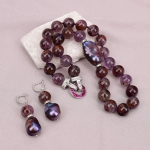 Natural Purple Phantom Ghost Quartz Black Keshi Pearl Necklace Earrings Sets - Picture 1 of 12