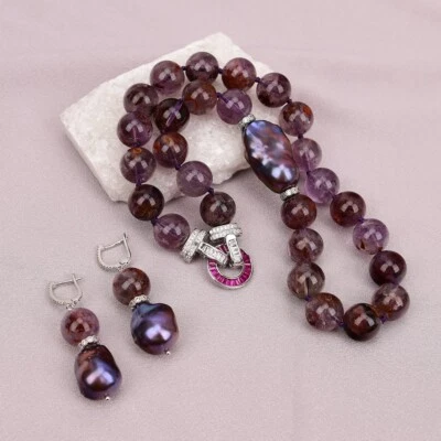 Juegos de aretes collar perlas Keshi negras cuarzo fantasma púrpura natural Foto 1 de 4