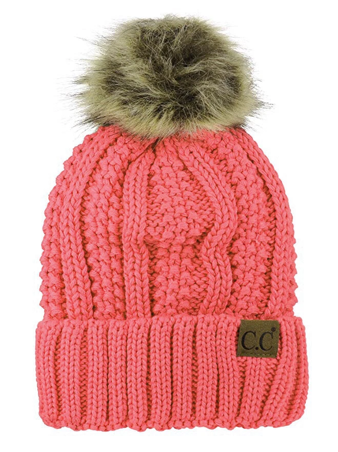 C.C Thick Cable Knit Faux Fuzzy Fur Pom Fleece Lined Skull Cap Cuff CC Beanie - Image 1 of 1