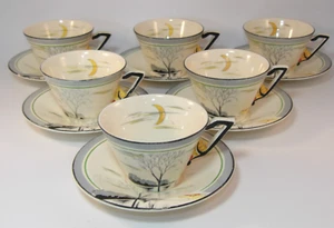 6 Vintage Art Deco Burgess Leigh Burleigh Ware Moonbeams Cups & Saucers 1930s - Picture 1 of 21