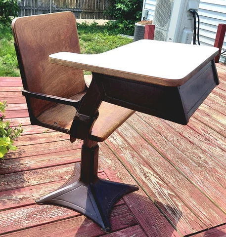 1920's WELFARE Brand School Desk & Chair Cast Iron Solid Wood Cover
