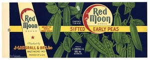RED MOON Brand, Baltimore, Maryland, Peas **AN ORIGINAL 1930's TIN CAN LABEL** - Picture 1 of 1