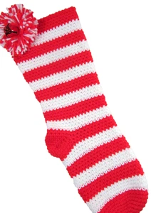 Weihnachtsstrumpf rot weiß Streifen Bommel Jingle Bell 17" Handarbeit gehäkelt C7 - Bild 1 von 6