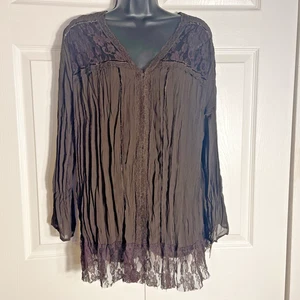 Elementz Shirt Women 2X Brown Crinkle Fabric Lace Detail Whimsigoth Boho Blouse - Picture 1 of 11