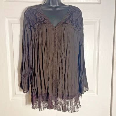 Elementz Shirt Women 2X Brown Crinkle Fabric Lace Detail Whimsigoth Boho Blouse - Image 1 of 4