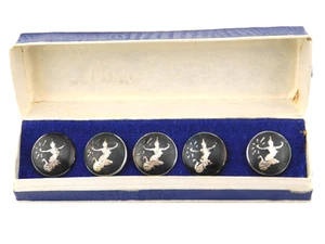 Vtg Siam Sterling Silver Black Nielloware Round Goddess Buttons Set of 5 in Box - Picture 1 of 10