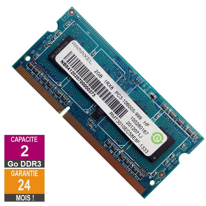 Barrette Mémoire 2Go RAM DDR3 Ramaxel RMT3010EC58E8F-1333 SO-DIMM PC3-10600 1333 - Photo 1/1