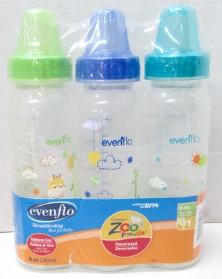 Nuevo PACK DE 3 biberones estándar EVENFLO clásicos diseño Zoo Friends, 8 oz, 0 m+ Foto 1 de 2