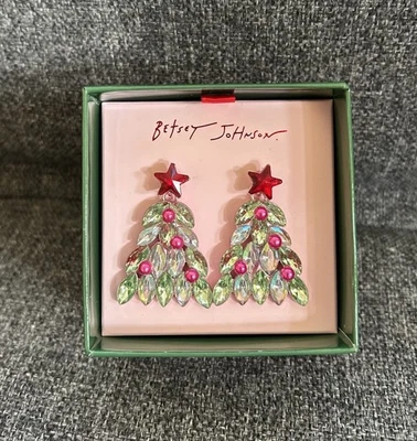 New! Betsey Johnson Christmas Tree Iridescent Rhinestone Dangle Drop Earrings - Image 1 of 4