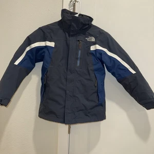 North Face Jacke Jungen Medium 10/12 schwarz rot blau Hex Print Kapuze HyVent Ski - Bild 1 von 20