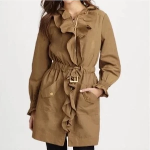 Tory Burch Warren Ruffle Coat 4 Tan Jacket Raincoat Trench Zip Hooded Classic - Picture 1 of 11