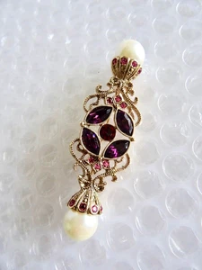 bROOCH FANCY REGAL PINK PURPLE FAUX STONES PEARLS COSTUME JEWELRY VTG neocurio - Picture 1 of 7