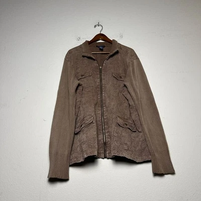 Denim & Co Embossed Floral Paisley Pattern Brown Sweater Women 3X Full Zip Fall - Image 1 of 4