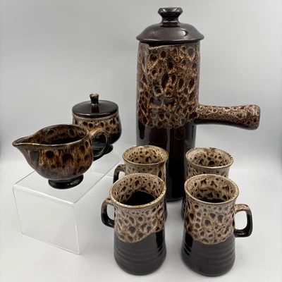 Vintage Brown Drip Glazed Coffee Pot Mugs Jug And Sugar Pot w/ Lid Honeycomb - Image 1 of 4