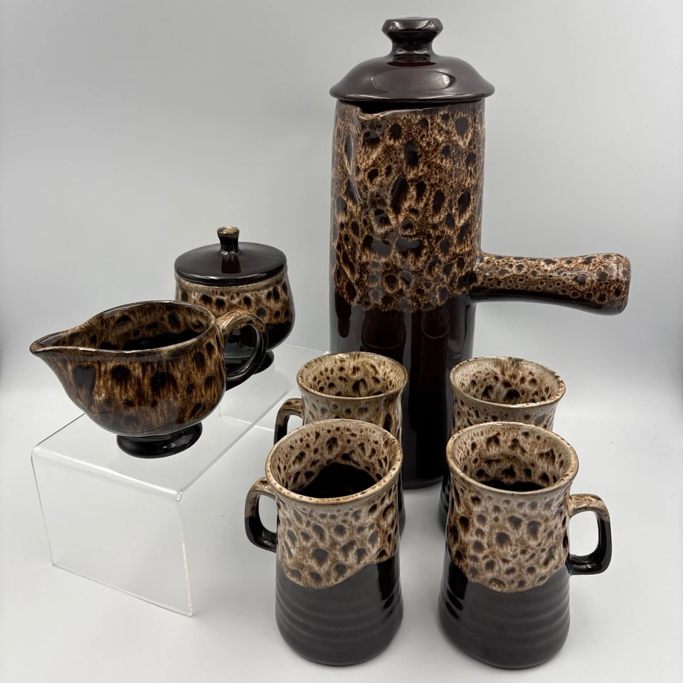 Vintage Brown Drip Glazed Coffee Pot Mugs Jug And Sugar Pot w/ Lid Honeycomb - Image 1 of 4