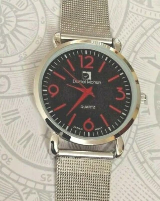 Daniel Mohsin Silver Men's Watch Round Black Dial Red Hours on Silver Mesh Band! - image 1 of 2